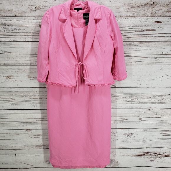 Positive Attitude Pink Linen Blend Sheath Dress Ruffle Trim Jacket Set Size 6 - Picture 3 of 12